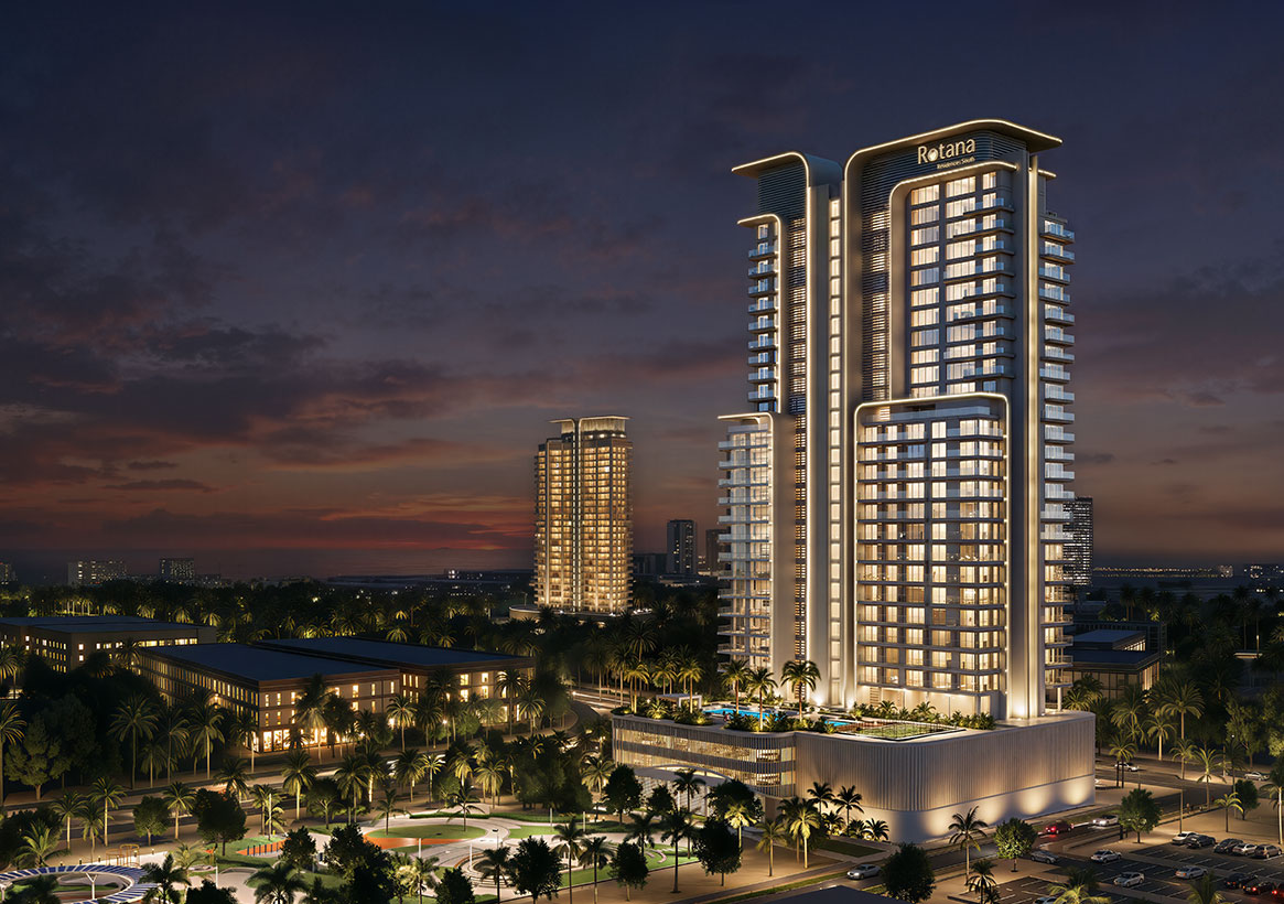 Rotana Residences Al Reem Island Abu Dhabi twin luxury residential towers at sunset