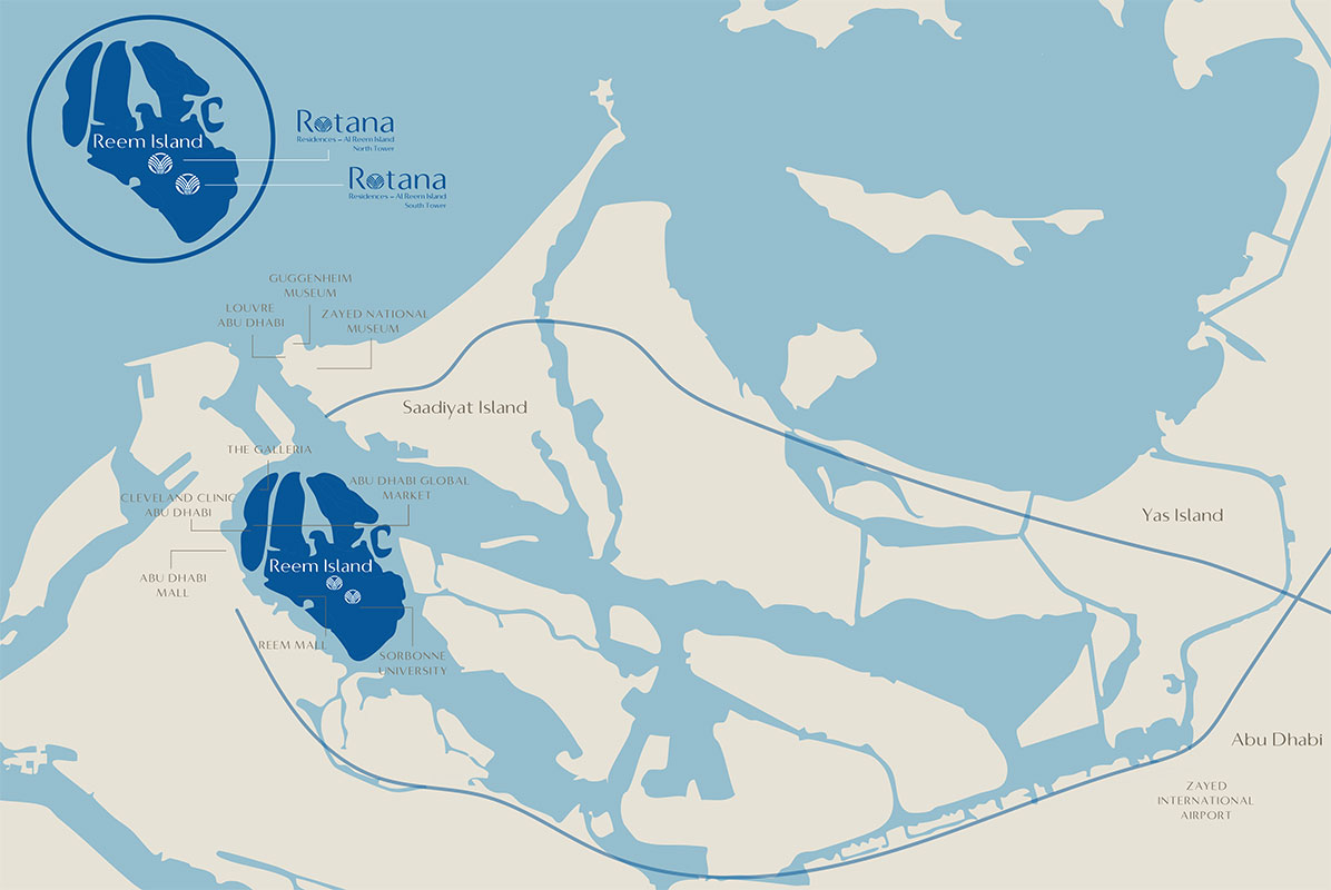 Location map of Rotana Residences Al Reem Island Abu Dhabi near key landmarks